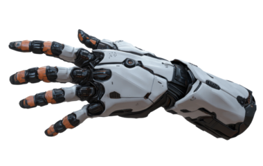 Close up of white black and orange robotic hand. Transparent background