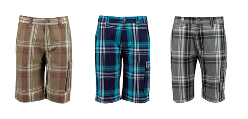 Mens plaid bermuda Shorts. Photo on a mannequin without a model. Isolated image on a white background. Nobody. Collection of plaid bermuda shorts. 