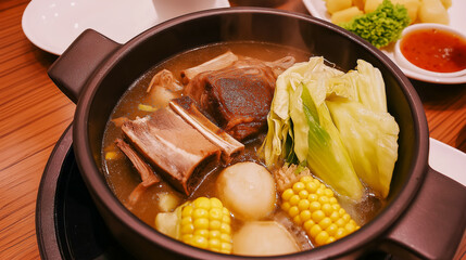 A hearty bowl of bulalo, a traditional Filipino beef shank soup with bone marrow, simmered to perfection with corn, cabbage, and potatoes, served hot with a side of dipping sauce