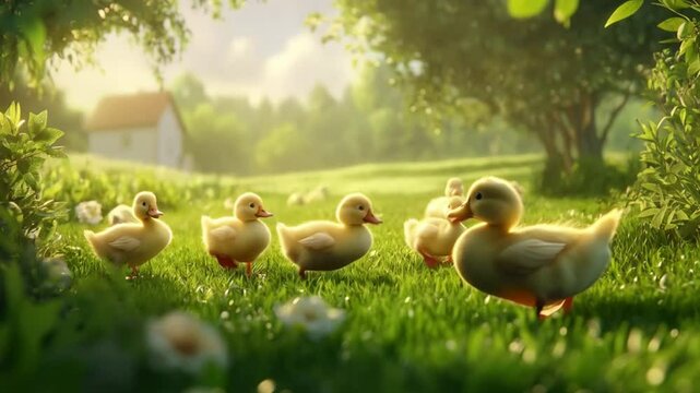 Scene of ducklings in the meadow at morning, smooth repeating motion for background video animation