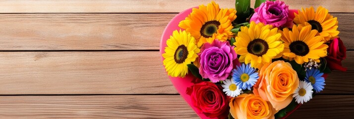 Fototapeta premium Colorful Heart Shaped Flower Arrangement on Wooden Table - A vibrant heart-shaped bouquet featuring sunflowers, roses, and daisies, resting on a wooden surface, perfect for special occasions.