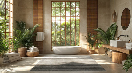 Fototapeta premium A spacious bathroom with natural light, large windows, indoor plants, and a freestanding bathtub creating an eco-friendly, tropical spa vibe