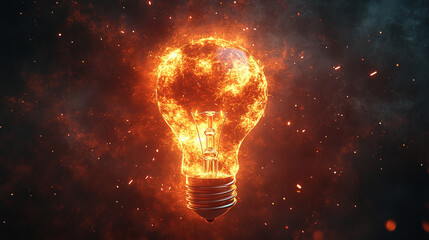 A light bulb bursts, releasing vibrant sparks and particles into the darkness, symbolizing the explosion of creativity and innovative ideas in a dramatic and chaotic moment of inspiration.

