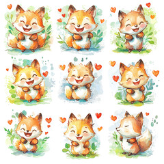 Obraz premium Cute and Cheerful Cartoon Foxes with Hearts in a Whimsical Nature Setting
