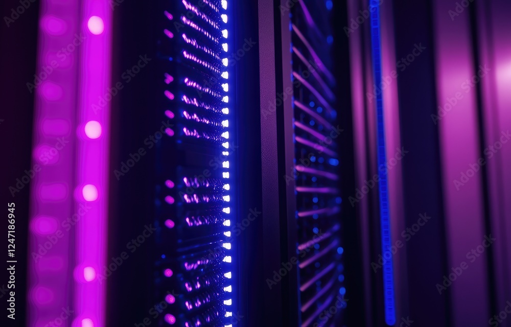 Aufkleber Close-up view of illuminated server racks with vibrant purple and blue lights in a modern data center, ideal for technology and IT-themed visuals.