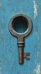 Rusted Key on a Teal Wooden Background