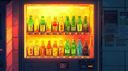 Nighttime_vending_machine;_brightly_lit,_filled_with_colorful_glass_bottles_of_drinks.