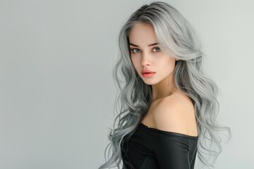 Naklejka premium Detailed shot of a woman with striking grey hair, thoughtful expression. Fits introspection, calm.