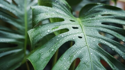 Fototapeta premium Close-up of vibrant green Monstera leaves adorned with droplets of water, showcasing their unique holes and texture.