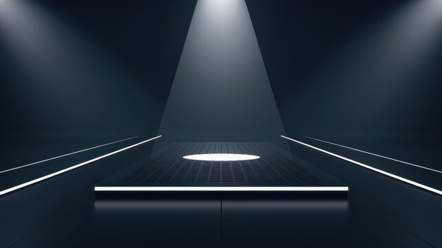 A sleek futuristic stage illuminated by soft, dramatic lighting, creating a captivating atmosphere for presentations or performances.