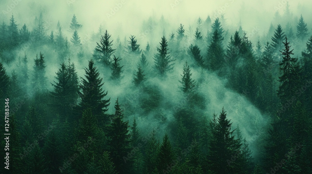Poster Dense trees draped in ethereal fog create a calm and peaceful setting, inviting exploration and reflection in a vibrant green forest at dawn