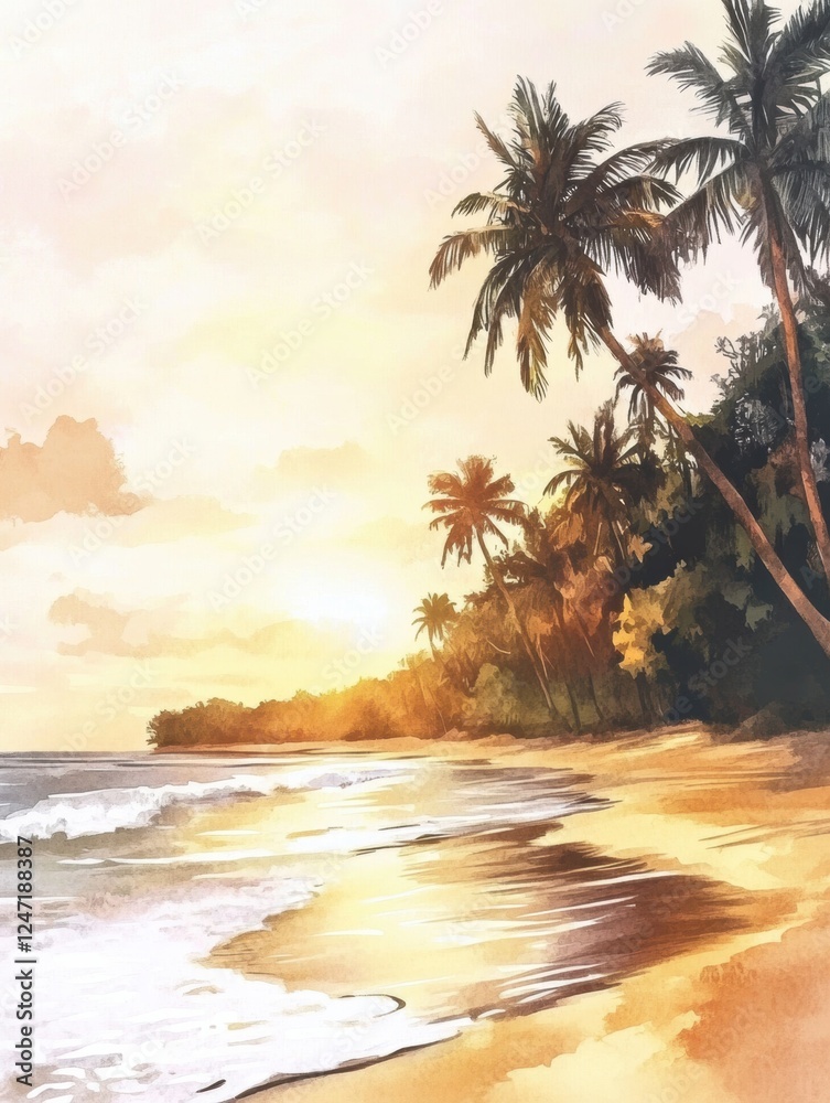Poster Sunset over a tranquil beach with palm trees and gentle waves in a watercolor illustration of a serene coastal landscape. Generative AI