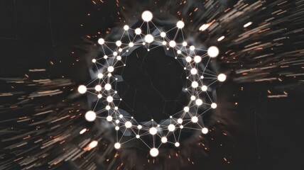 An abstract digital design featuring interconnected nodes in a circular formation, radiating vibrant energy and light against a dark background.