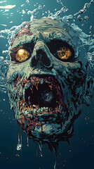 Horror Art: Eerie Underwater Zombie with Grotesque Features and Chilling Expression - Dark Waters, Haunting Monster with Yellow Eyes and Bubbling Decay Effects in a Nightmarish Fantasy Illustration