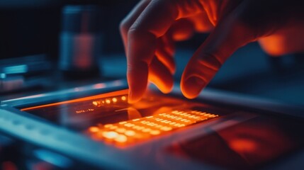 Close up of a hand engaging with a glowing touchscreen interface, highlighting advanced technology in a scientific environment. The display features illuminated data and digital controls