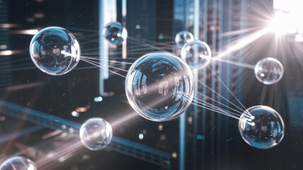 A captivating view of translucent bubbles glowing in a futuristic urban setting, with beams of light reflecting off their surfaces, suggesting innovation and technology.