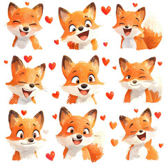 Cute Cartoon Fox Expressions with Heart Symbols in a Colorful Square Layout
