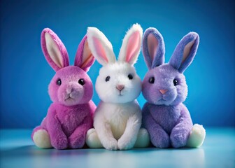 Obraz premium Stuffed Rabbits Pink White Blue Background High Depth of Field
