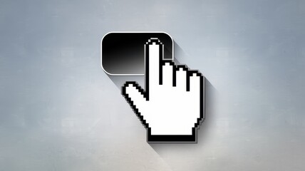 A stylized graphic of a pixelated hand icon pointing towards a sleek button, symbolizing interaction and engagement in digital interfaces.