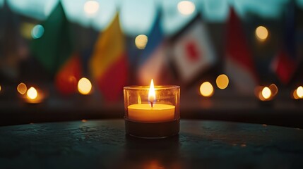 A burning candle placed between two flags symbolizes remembrance, hope, and the pursuit of peace. The image conveys the need for stability and reconciliation in the Middle East.