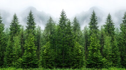 Obraz premium Misty mountain forest, evergreen trees, scenic landscape, nature background, ideal for travel brochures