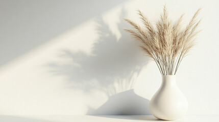 A dried grass arrangement in a minimalist vase, exuding elegant charm and modern aesthetics with a bright tone. The blurred empty space on the side adds to its calming, symbolic simplicity.