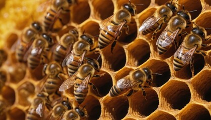 Swarm of bees collaborating inside the hive, showcasing the beauty of pollination and teamwork. The warm golden tones of the honeycomb add a natural and organic feel.
