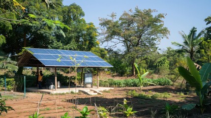 Solar panels installed in a plantation to power irrigation systems. 