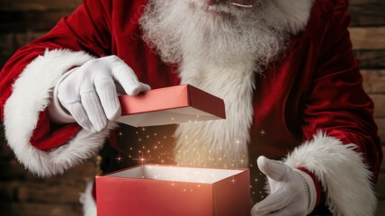 A cheerful elderly Caucasian man dressed as Santa Claus opens a red gift box, revealing a magical sparkle emerging from within.