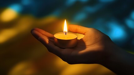 Hand holding a burning candle against the backdrop of the Russian and Ukrainian flags, symbolizing peace and hope. This image conveys the desire for diplomacy, reconciliation