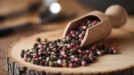 A wooden scoop spilling a vibrant mix of multicolored peppercorns on a rustic wood surface, showcasing the beauty of natural spices.