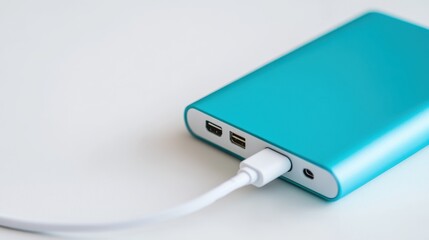 Fototapeta premium Close-up of a portable power bank on a clean white background, ideal for portable charging product promotions.