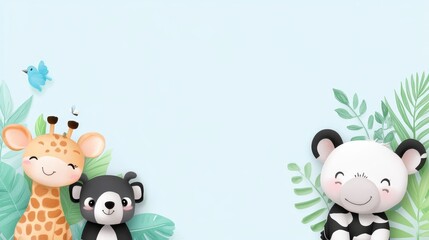 Obraz premium Cute Cartoon Animals with Tropical Leaves - Charming cartoon animals including a giraffe, a bear, and a panda surrounded by tropical leaves against a soft background.