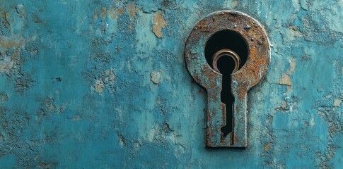 Rusty Keyhole on Weathered Teal Wall