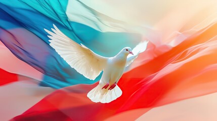 A white dove of peace soars against a softly blurred Russian flag in blue, red, and white. The image symbolizes hope, diplomacy, and the universal desire for peace.