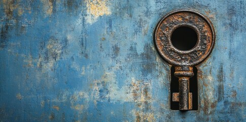 Rusty Key Against Weathered Blue Background