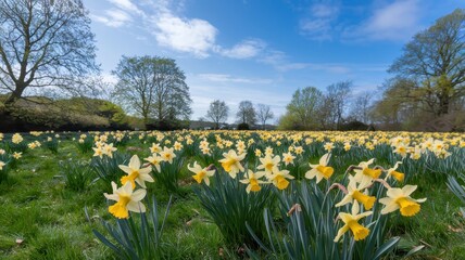 A vibrant field of daffodils in full bloom under a clear blue sky, creating a cheerful and inviting atmosphere.