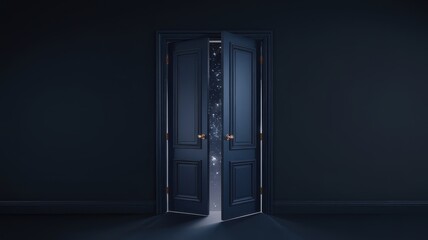 A surreal blue door slightly ajar, revealing a starry night sky beyond, creating a sense of wonder and mystery in a dimly lit room.