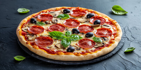 Delicious pepperoni pizza with mushrooms and fresh basil garnish