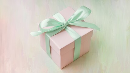 Obraz premium A beautifully wrapped pink gift box tied with a soft mint ribbon, set against a pastel background, creating a dreamy and festive vibe.