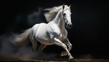 Obraz premium Majestic white horse galloping on a dramatic black background.