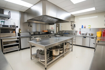 Spacious commercial kitchen featuring stainless steel appliances and countertops, ideal for restaurant cooking. Well-organized with various utensils and cookware neatly arranged