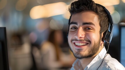 Focused Customer Support Team, Concentrated customer service representatives with headsets working in a busy call center