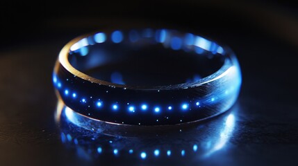 Sleek metallic ring illuminated by a series of glowing blue led lights, creating a futuristic and technological appearance. The ring rests on a reflective surface, enhancing its luminous effect