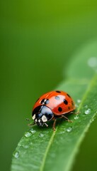 Fototapeta premium A high-resolution macro photograph of a ladybug exploring a leaf covered in morning dew. The perfect representation of biodiversity, insects, and natural balance