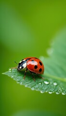 Fototapeta premium A high-resolution macro photograph of a ladybug exploring a leaf covered in morning dew. The perfect representation of biodiversity, insects, and natural balance