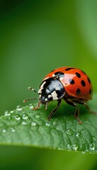 Fototapeta premium A close-up of a ladybug crawling on a fresh green leaf, showcasing intricate details of its tiny legs, glossy shell, and delicate antennae. A symbol of luck and nature’s beauty