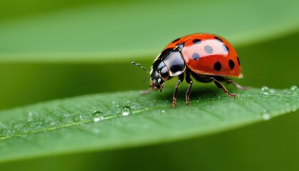 Fototapeta premium A close-up of a ladybug crawling on a fresh green leaf, showcasing intricate details of its tiny legs, glossy shell, and delicate antennae. A symbol of luck and nature’s beauty