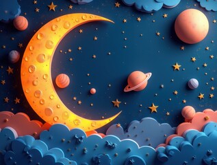 Paper-Cut Crescent Moon in a Starry Night Sky