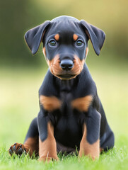 cute Doberman puppy sitting on green grass, showcasing its shiny coat and expressive eyes. playful demeanor and alert posture highlight its youthful energy and charm